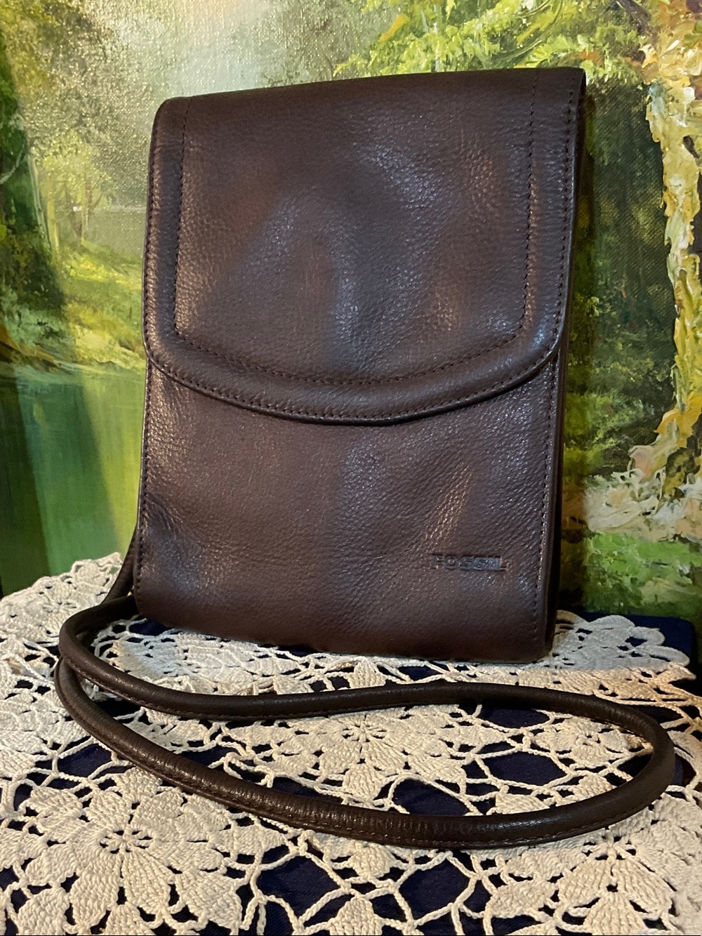 Fossil Dark Brown Leather Messenger Crossbody